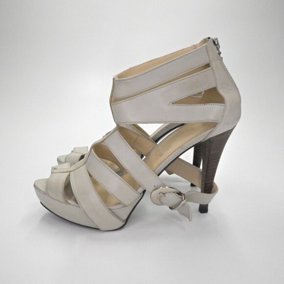 Vtg INNUE Heels Womens Size 38 Gray Leather Strappy Buckle Stiletto Back Zip 00s - Picture 2 of 14